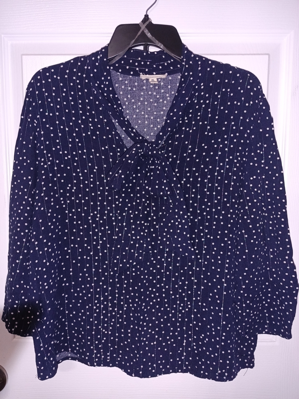 Navy Blue Polka Dot Tie-Neck Blouse With Silver Shimmer